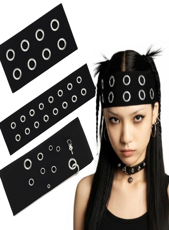 Maysing 3 Pcs Women Grommet Headband Y2k Punk Grunge Wide Hairbands Hollow out Eyelets Elastic Headband Casual Hair Accessory Fashionable Metal Hairbands Stretchy(Black,Stylish) - Image 1